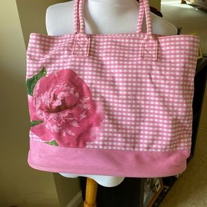 Pink and white gingham checkered tote bag